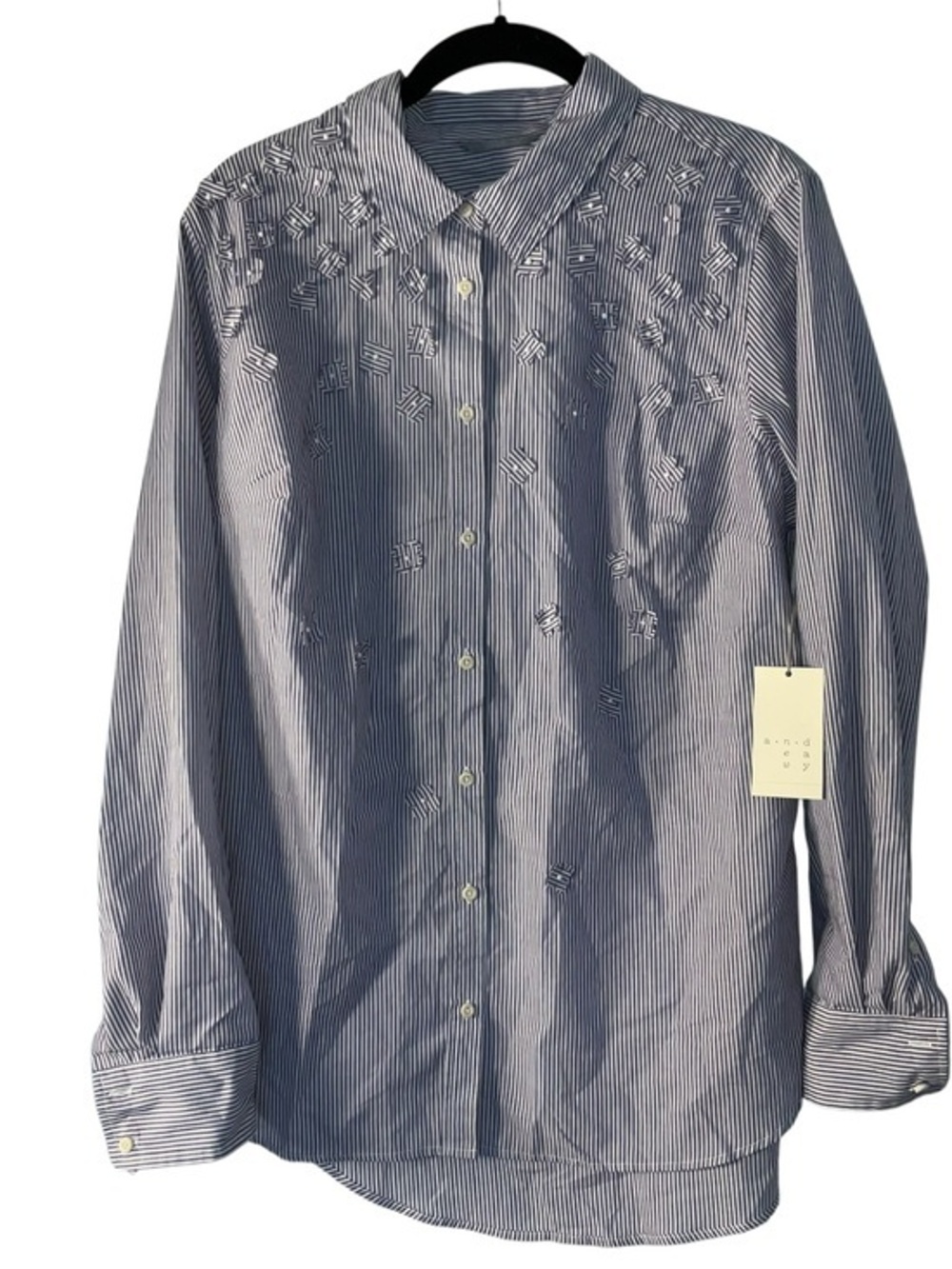 Ann Taylor Men's Blue and White Striped Dress Shirt with Embroidered Detail